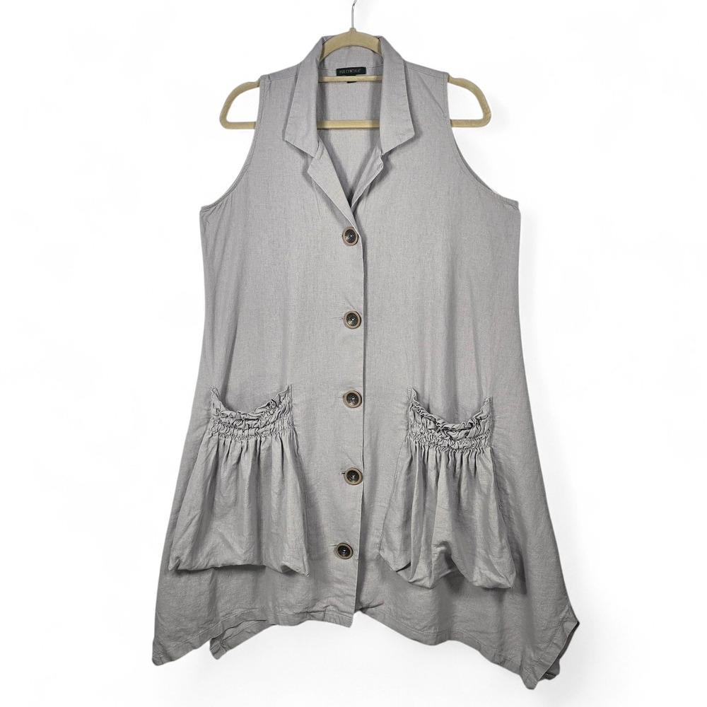 For Cynthia Womens Gray Linen Blend Lagenlook Button Front Tunic‎ Dress Large